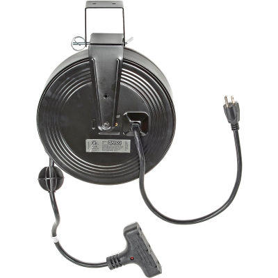 Bayco® SL-801 Triple Tap Extension Cord, Retractable Reel, 30'L Cord, 14/3 GA, BLK
