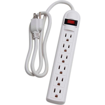 Power Strip, 6 Outlets, 15A, 3' Cord, White