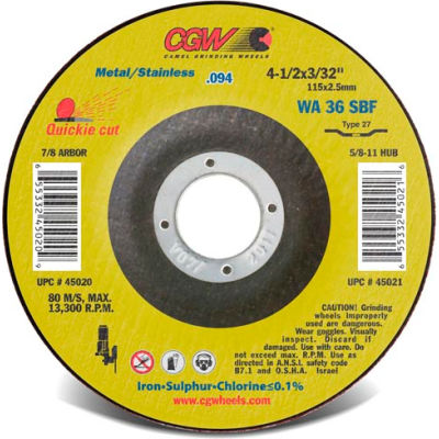 CGW Abrasives 45028 Cut-Off Wheel 4-1/2" x 7/8" 36 Grit Type 1 Aluminum Oxide - Pkg Qty 25