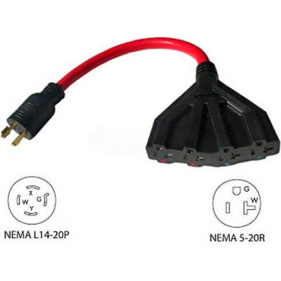 Conntek, 20501-1P5, 1.5', 20A Generator Locking Extension Cord with NEMA L14-20P to 15/20R*4, Red