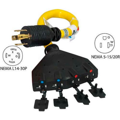 Conntek 20611-018, 1.5', 30A, Generator Power Cord with NEMA L14-30P to 5-15/20R*4