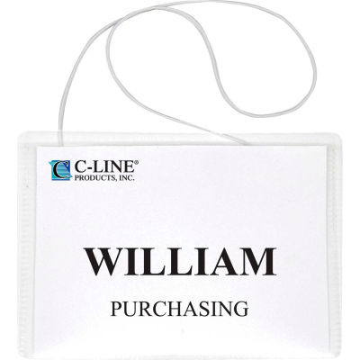 C-Line® Hanging Style Name Badge with Elastic Cord, 4" x 3", Clear, 50/Box