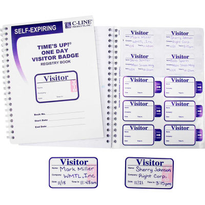 C-Line® Time's Up! Self-Expiring Visitor Badge with Registry Log, 3" x 2", 150/Pack