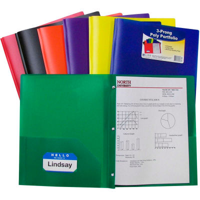 C-Line Products Two-Pocket Hywt Poly Portfolio Folder with Prongs, Assorted Colors - Pkg Qty 12