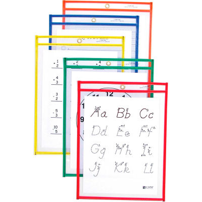 C-Line Products Reusable Dry Erase Pockets, Assorted Primary Colors, 9 x 12, 10/PK