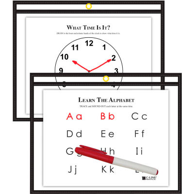 C-Line Products Horizontal Reusable Dry Erase Pocket, Black, 12" x 9", 30 Erase Pockets/Set