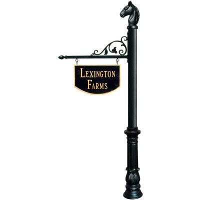 Large Hanging Ranch Sign with Post, Decorative Ornate Base & Horsehead Finial in Black