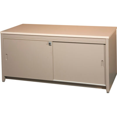 48"W Console Table w/ Doors, Sapelli Mahogany Laminate Top Medium Gray Finish