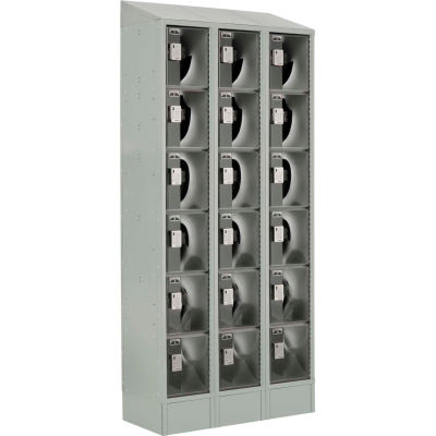 Digilock LockUp Six Tier 18 Door Electronic Locker W/Clear Doors, 12"Wx18"Dx12"H, Gray, Assembled