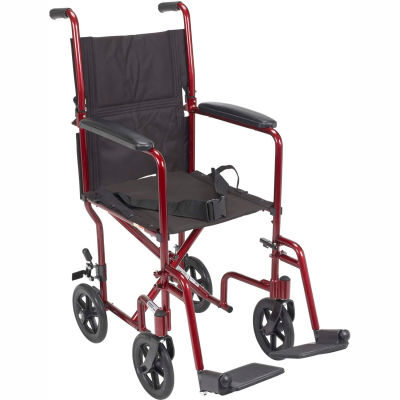 Lightweight Aluminum Transport Wheelchair, Red Frame, 19" Seat Width