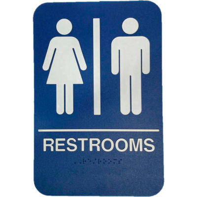 Don Jo HS 9070 03 - Restrooms ADA Sign, 6" x 9", Blue With Raised White Lettering - Pkg Qty 10