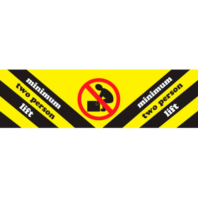 Minimum Two Persons Lift Adhesive Sign, 2"W x 8"L, Yellow/Black/Red/White