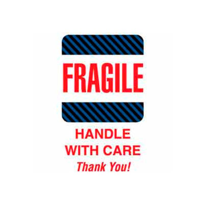 Paper Labels w/ "Fragile Handle w/ Care Thank You" Print, 4"L x 6"W, White/Black/Blue, Roll of 500
