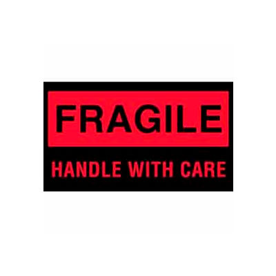"Fragile Handle w/ Care" Labels, 5"L x 3"W, Fluorescent Red & Black, Roll of 500