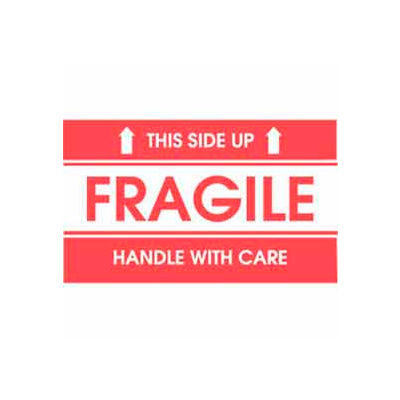 "Fragile This Side Up Handle w/ Care" Labels, 5"L x 3"W, Red/White, Roll of 500