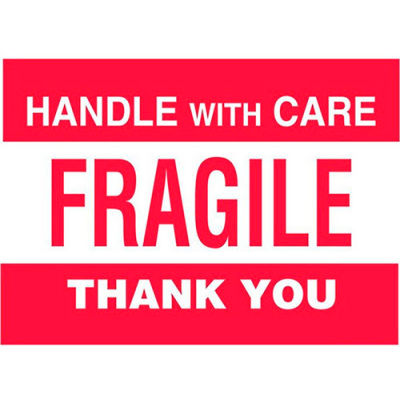 Paper Labels w/ "Fragile" Print, 5"L x 3"W, Red & White, Roll of 500