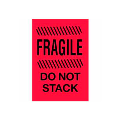 Paper Labels w/ "Fragile Do Not Stack" Print, 6"L x 4"W, Fluorescent Red & Black, Roll of 500