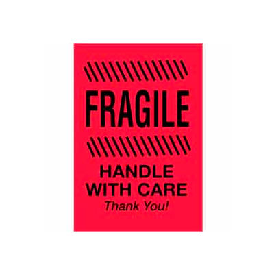 Fragile Handle With Care Thank You 2" x 3" - Fluorescent Red / Black