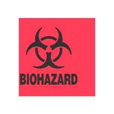 Paper Labels w/ "Biohazard" Print, 2"L x 2"W, Fluorescent Red & Black, Roll of 500