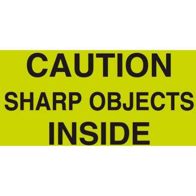 Shipping Labels w/ "Caution Sharp Objects Inside" Print, 5"L x 3"W, Fluorescent Green, Roll of 500