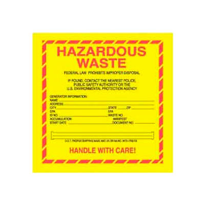 Paper Labels with "Hazardous Waste" Print, 6"L x 6"W, Yellow/Red/Black, Roll of 500