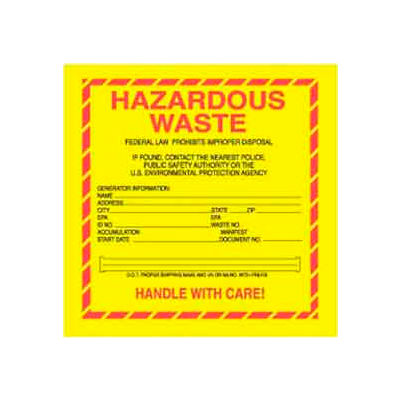 Paper Labels w/ "Hazardous Waste" Print, 6"L x 6"W, Yellow/Red/Black, Roll of 500