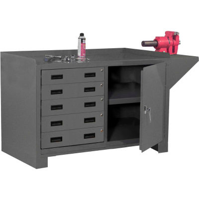 Durham Cabinet Workbench - Vice Shelf, Back/End Stop, 5 Drawers, Door Lock 60-1/8 x 24-1/4 x 36-3/16