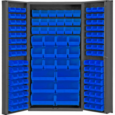 Global Industrial Bin Cabinet Deep Door - 132 Blue Bins, 16 Ga All-Welded Cabinet 36 x 24 x 72