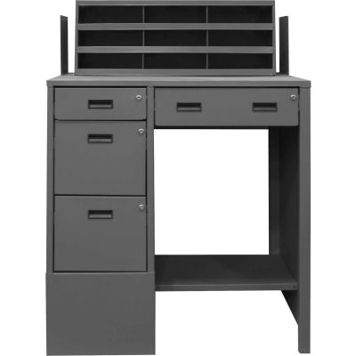 Durham Mfg. Pedestal Shop Desk, 4 Drawers, Shelf, 39"W x 29"D x 55-5/8"H, Gray