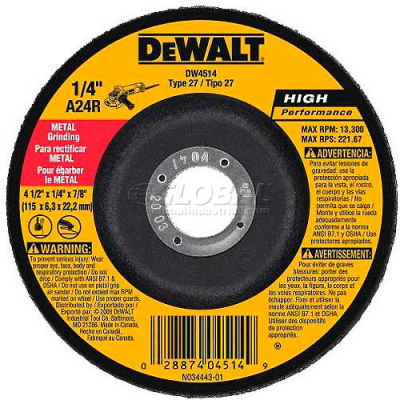 DeWalt DW4514 Metal Grinding Wheel Type 27 4-1/2" DIA. 24 Grit Aluminum Oxide - Pkg Qty 25