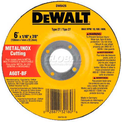 DeWalt DW8426 Metal & Stainless Cutting Wheel Type 27 6" Diameter 60 Grit Aluminum Oxide - Pkg Qty 25