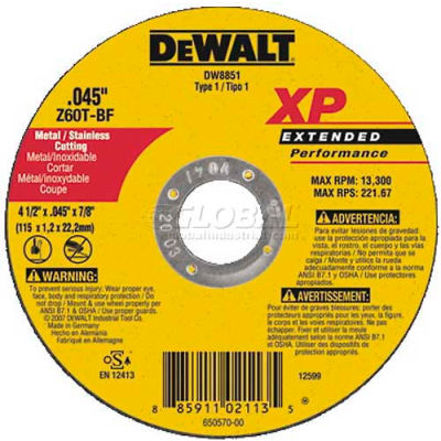 DeWalt DW8851 Metal & Stainless Cutting Wheel 4-1/2" DIA..045" Thick 60 Grit Zirconia - Pkg Qty 25