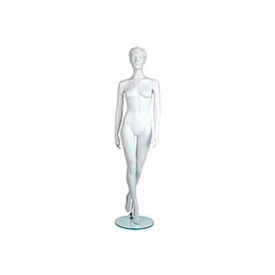 Female Mannequin - Molded Hair, Hands by Side, Left Leg Back - Cameo White