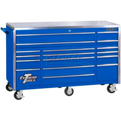 Extreme Tools 72" 17 Drawer Triple Bank Professional Roller Cabinet in Blue