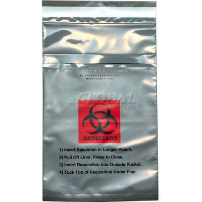 Gray Opaque Adhesive Closure Tamper-Evident 3-Wall Specimen Transfer Bag, 6" x 10-1/4", Pkg Qty 1000