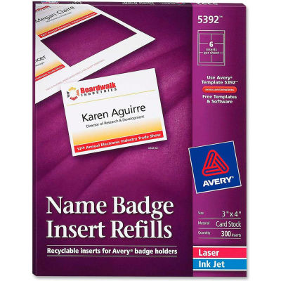 Avery® Name Badge Insert Refills, 3" x 4", White, 300 Inserts/Box