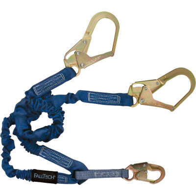 FallTech® 8240Y3 ElasTech 4-1/2' to 6' Shock Absorbing Lanyard, with 1 Snap & 2 Rebar Hooks