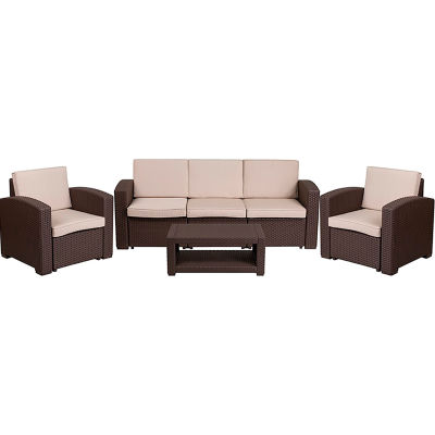 Flash Furniture 4-Piece Outdoor Patio Sofa Set - Faux Rattan - Chocolate Brown with Beige Cushions