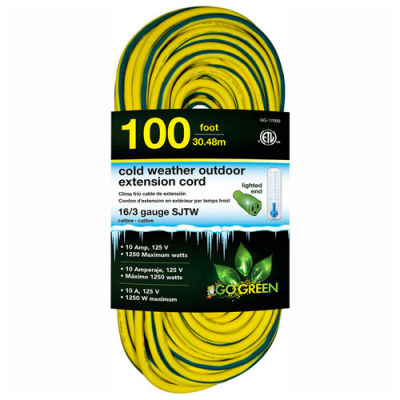GoGreen GG-17700 16/3 100' Cold Weather Outdoor Extension Cord, Yellow w/Green Stripe. Lighted End