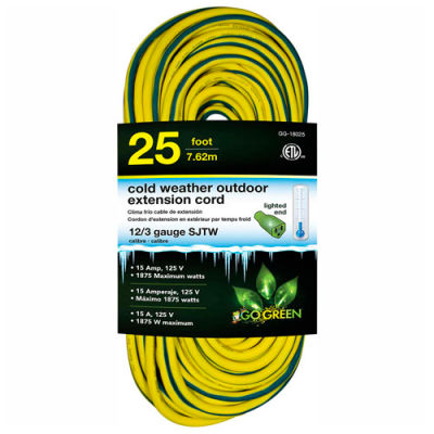 GoGreen GG-18025 12/3 25' Cold Weather Outdoor Extension Cord, Yellow w/Green Stripe. Lighted End