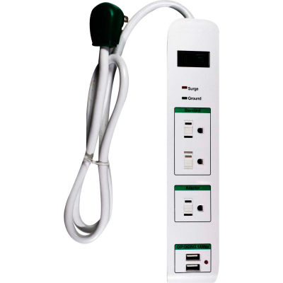 GoGreen Power, GG-13103USB, 3 Outlet Surge Protector, USB Surge - 3 Ft Cord - White