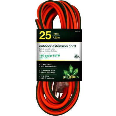 GoGreen Power, GG-13725, 25 Ft 16/3 SJTW Outdoor Extension Cord, Orange w/ Lighted Green Ends