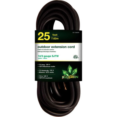 GoGreen Power, GG-13825BK, 25 Ft Extension Cord - Black