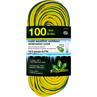 GoGreen GG-17700 16/3 100' Cold Weather Outdoor Extension Cord, Yellow w/Green Stripe. Lighted End
