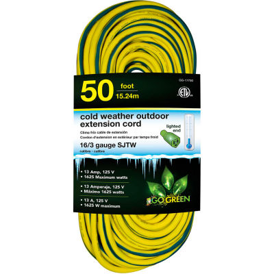 GoGreen GG-17750 16/3 50' Cold Weather Outdoor Extension Cord, Yellow w/Green Stripe. Lighted End