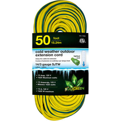 GoGreen GG-17850 14/3 50' Cold Weather Outdoor Extension Cord, Yellow w/Green Stripe. Lighted End