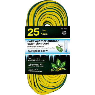 GoGreen GG-18025 12/3 25' Cold Weather Outdoor Extension Cord, Yellow w/Green Stripe. Lighted End