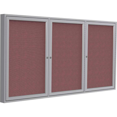 Ghent Enclosed Bulletin Board - 3 Door - Merlot Fabric w/Silver Frame - 48" x 96"