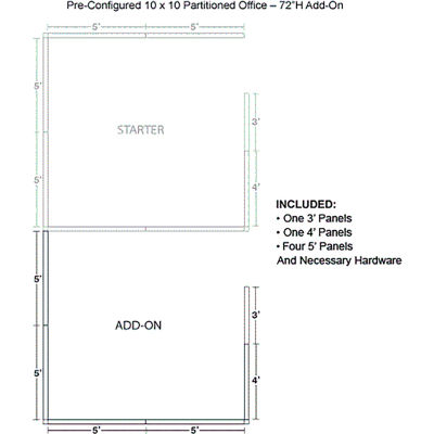 Interion® Pre-Configured Office Cubicle - 10'W x 10'D x 72"H - Add-On Kit - Gray