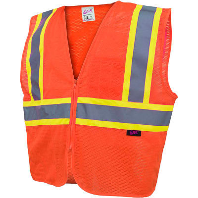 GSS Safety 1006 Standard Class 2 Two Tone Mesh Zipper Safety Vest, Orange, XL
